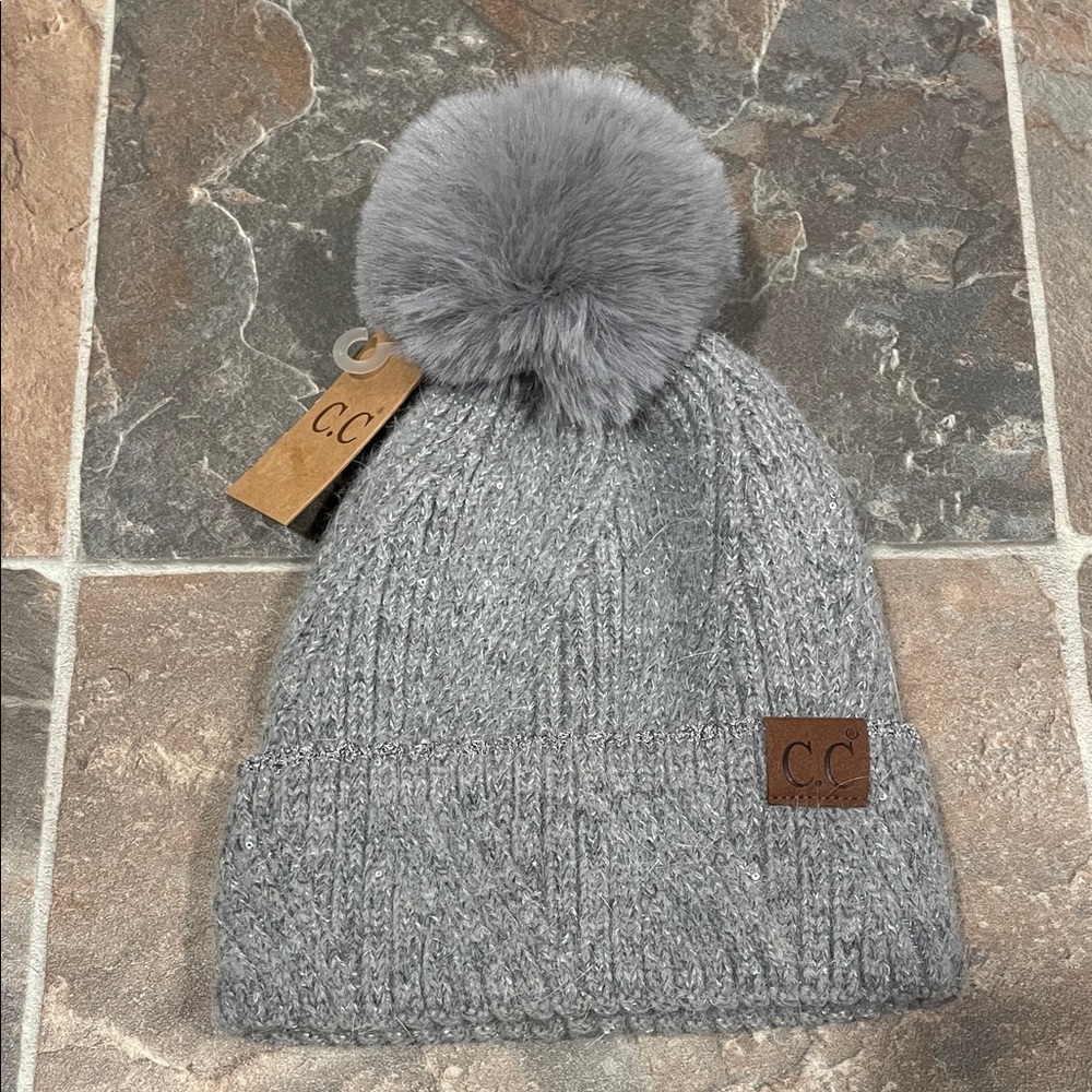 C.C. Boutique Gray Knit Hat with Pom-Pom